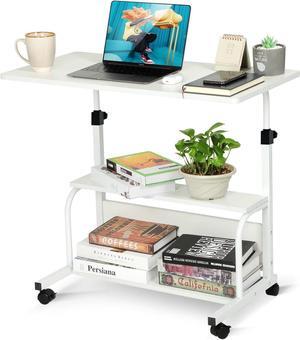 Portable Rolling Desk on Wheels Small Standing Desk Adjustable Height Desks with Wheels for Small Spaces, 32" Computer Desk with Storage Shelves for Home Office Study White