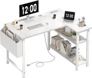 DLisiting White L Shaped Computer Desk with Power Outlet Shelves, 40 Inch Small Corner Desk for Small Space Home Office, Study Work PC Desks for Bedroom, White