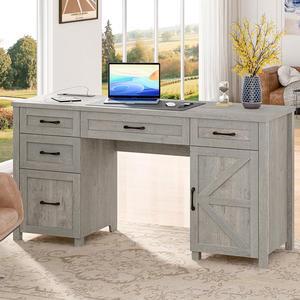 Farmhouse 61'' Executive Desk with 5 Drawers, Rustic Office Desk Computer Desk with Charging Station, File Drawers and Storage Cabinet, Wood Workstation for Study and Home Office, Gray