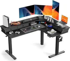 ErGear 65 L Shaped Corner Standing Desk, 3 Drawers & 2 Cable Management Trays Large Stand up Desk, C-Clamp Mount Compatible Height Adjustable Desk for Home Office, Black