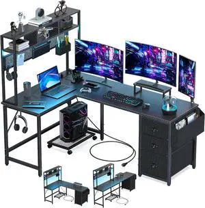 Gaming Desk Computer Desk with Pegboard & Shelves Large L Shaped Desk with Drawers, Gaming Desk with Power Outlet & LED & Monitor Stand & Mobile CPU Stand, Home Office Black Carbon Fiber