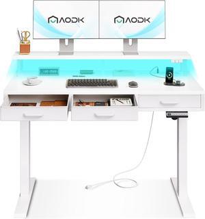 AODK Electric Standing Desk with Drawers, 47 Inch Height Adjustable Small Desk with Power Outlets & LED Lights, Sit Stand Table with Monitor Stand for Home, Office, Workstation, White