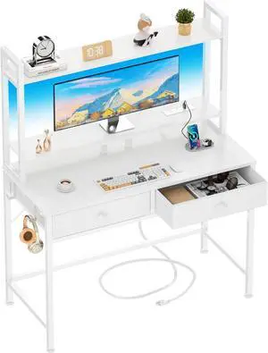 Furologee Small White Desk with Drawers, 40 Inch Home Office Computer Desk with Power Outlet and LED Light, Vanity Desk with Storage Shelves, Modern Work/Writing/Study Table for Bedroom, White