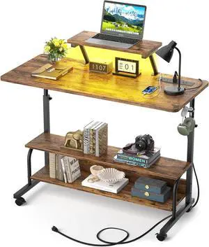 Height Adjustable Standing Desk with Power Outlets and LED Lights - 39" Manual Stand Up Desk with Monitor Stand and Storage Shelves Small Mobile Rolling Computer Desk Portable Laptop Table, Rustic