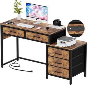 Unikito Computer Desk with 5 Drawers, Reversible Home Office Desk with Power Outlets, Sturdy Writing Desk with File Cabinet and Printer Stand, Vanity Desk with Storage for Small Space, Rustic Brown