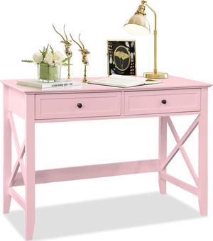 Writing Computer Desk with Drawers, Cute Modern Table for Bedrooms, Pink Vanity Table Office Desk with Drawers, Home Computer Desk for Girls Living Room Entryway, Pink