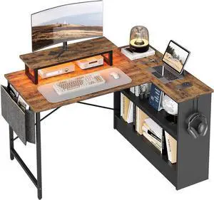 Bestier Small L Shaped Desk with LED Lights, 42 Reversible Computer Desk with Open Storage Cabinet & Monitor Stand, Corner Desk with Side Storage Bag for Home Office Bedroom, Rustic Brown