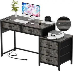 Unikito Computer Desk with 5 Drawers, Reversible Home Office Desk with Power Outlets, Sturdy Writing Desk with File Cabinet and Printer Stand, Vanity Desk with Storage for Small Space, Black Oak