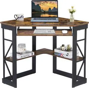 VECELO Corner Computer Desk 41 x 30 inches with Smooth Keyboard & Storage Shelves for Home Office Workstation, Antique Brown
