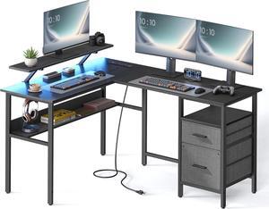 VASAGLE L-Shaped Desk with Power Outlets, Computer Desk with Monitor Stand, Corner Desk, Gaming Desk with LED Lights, 2 Drawers, Easy to Assemble, for Home Office, Ebony Black ULWD095B56