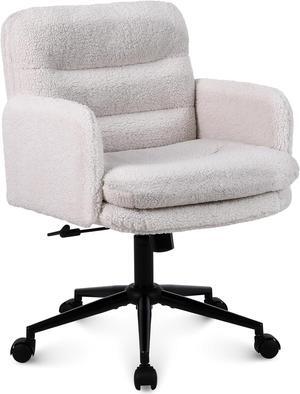 Adjustable Height Home Office Chair, Modern Mid Back Computer Desk Chair with Wheels, Ergonomic Upholstered Swivel Chair, Cream