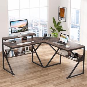 Tribesigns L Shaped Desk with Storage Shelves, 63 inch Industrial Corner Computer Desk with Monitor Stand, Study Writing Table Workstation for Home Office, Rustic Brown
