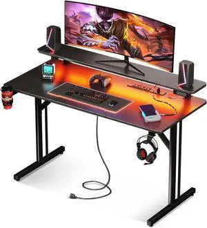 MOTPK Small Gaming Desk with LED Lights & Power Outlets, 39 Inch Computer Desk Gaming Table with Monitor Shelf, Gamer Desk with Carbon Fiber Texture, Kids Boys Desk Gift for Men