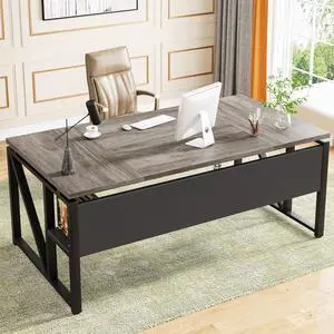 Tribesigns 63 inches Computer Desk with Bottom Storage Shelf Home Office Desk Writing Table for Workstation,Dark Walnut + Steel Leg Cabinet not Included (Grey, 63-inch-with Shelf)