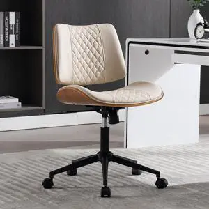 Home Office Chair No Arms with Wheels, Adjustable Height Small Desk Chair, PU Leather Mid Back 360 Swivel Computer Armless Modern Walnut for Office, Reading Meeting Room(Beige) by DT
