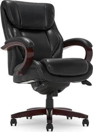 La-Z-Boy Bellamy Executive Office Chair with Memory Foam Cushions, Solid Wood Arms and Base, Waterfall Seat Edge, Bonded Leather, Black