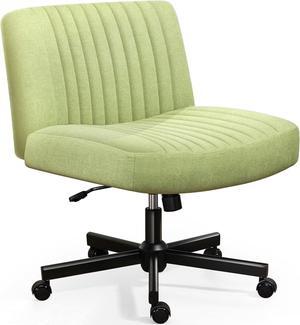 Criss Cross Chair with Wheels, Cross Legged Office Chair Armless Wide Desk Chair with Pocket Spring Cushion, Adjustable Swivel Leather Task Vanity Home Office Desk Chair, (Green2)