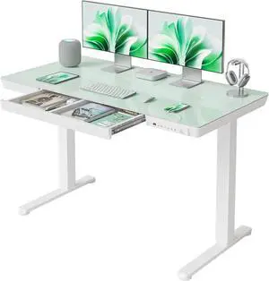 FEZIBO 48 × 24 Electric Standing Desk with Drawers, Whole-Piece Glass Adjustable Height Desk, One-Piece Quick Install Adjustable Sit Stand Desk, White