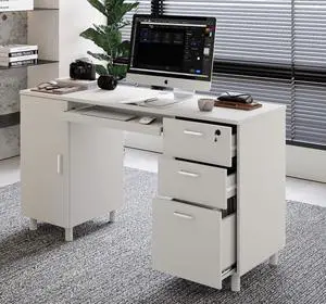 Modern Design Venice Computer Office Desk with 3 Locking Drawers and Storage Cabinet, 53 Inch Home and Office Executive White Desk with Keyboard Tray by Crafts and Comfort