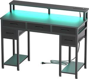 Black Computer Desk with Drawers, Gaming Desk with LED Light & Power Outlet, 47" Home Office Desk with Large Storage & Monitor Stand for Small Space