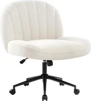 Armless Office Desk Chair with Wheels,Ergonomic Criss Cross Legged Computer Chair with Fabric Padded, Height Adjustable Wide Seat Vanity Chair,Mid Back Task Chair for Home, Bedroom (White)