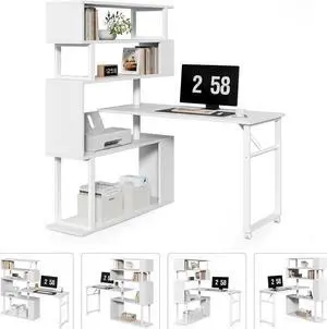 LITTLE TREE White Rotating Desk with Bookshelf, L-Shaped Computer Desk with Shelves, Reversible Writing Desk and Bookcase Combo with Storage for Home Office
