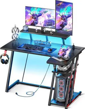 MOTPK Small Gaming Desk with LED Lights & Power Outlets, 39 Inch L Shaped Gaming Computer Desk with Storage Shelf, Gamer Desk with Monitor Stand, PC Gaming Table with Carbon Fiber Texture, Black