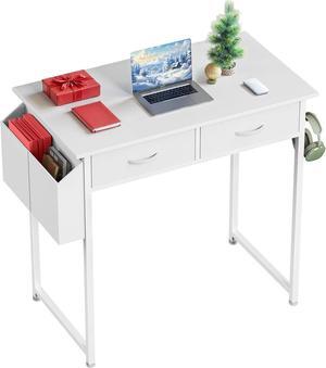 Sweetcrispy Computer Desk Small 32 Inch Home Office Bedroom Writing Study PC Table with Fabric Storage Drawers Space Side Bag Headphone Hook Metal Frame Adjustable Feet Modern Simple Style