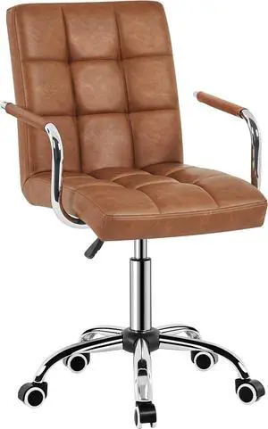 Yaheetech PU Leather Comfortable Office Desk Chair Mid Back Height Adjustable Computer Swivel Chair w/Armrests, Retro Brown