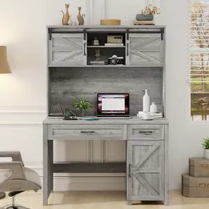 Farmhouse 47" Executive Computer Desk with 2 Drawers and Storage Cabinet, Home Office Desk with Hutch and Charging Station, Workspace for Work and Study (Grey).