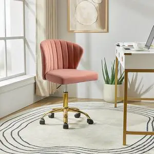 HULALA HOME Home Office Desk Chair with Gold Wheels, Small Cute Vanity Chair with Back for Bedroom, Adjustable Rolling Task Work Swivel Chair Nail Chair for Women/Girls, Pink