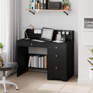 TTVIEW Computer Desk with Drawers and Hutch Shelf, Wood Executive Desk Writing Study Table with 43 Wide Tabletop, Small Desk with File Drawer for Home Office Bedroom, Black