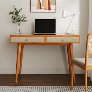 Mid-Century Modern Solid Wood Desk with Drawers  45 inch Small Boho Rattan Writing Desk for Home Office, Minimalist Design Natural Wood Legs Table for Workspace Elegance