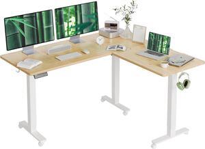 L Shaped Standing Desk Adjustable Height, Dual Motor Electric Corner Standing Desk, 63x55 inch Sit Stand up Desk with Splice Board, Bamboo
