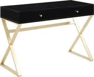 BELLEZE Modern 42 Inch Makeup Vanity Dressing Table or Home Office Computer Laptop Writing Desk with Two Storage Drawers, Wood Top, and Gold Metal Frame - Ellena (Black)