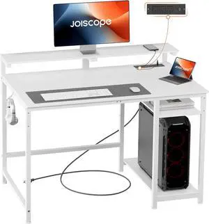 JOISCOPE Home Office Desk with Power Outlets (3AC, USB, Type-C), 40 × 20 Inch Computer Desk with Reversible Shelves, Laptop Table with Display Riser, Gaming Study Drafting Table for Bedroom, White JOISCOPE Home Office Desk with Power Outlets (3AC, USB, Type-C), 40 × 20 Inch Computer Desk with Reversible Shelves, Laptop Table with Display Riser, Gaming Study Drafting Table for Bedroom, White