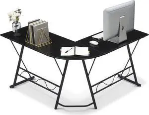 ivinta L Shaped Gaming Desk  Modern White Computer Desk with X-Shape Support, Space-Saving Home Office Desk for Home Office & Small Spaces, Living Room, 7449 (Black)