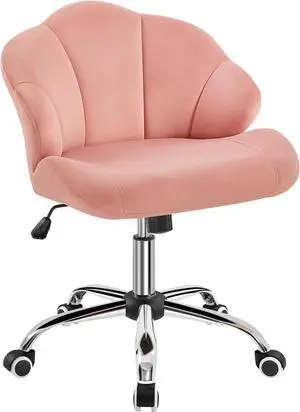 Yaheetech Cute Velvet Desk Chair Home Office Chair Shell-Shaped Back Vanity Chair Modern Swivel Chair with Wheels Adjustable Height for Bedroom Pink