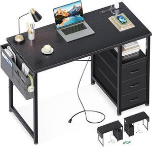 AODK 40-Inch Small Computer Desk with Fabric Drawers and Charging Station, Kids Girls Teen Study Writing Desk for Bedroom, Home Office Desk with Storage Shelf & Bag, Vanity Table for Small Space,Black