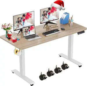 farexon Electric Standing Desk Adjustable Height, 48 x 24 inch Sit Stand Desk with Metal Hook, 4 Memory Heights, 27''-46'' Lifting Range Stand up Desk with Wheels(Oak Gray)