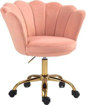 ZOBIDO Comfy Home Office Task Chair with Wheels, Cute Modern Upholstered Velvet Seashell Back Adjustable Swivel Vanity Desk Chair, for Women, for Girls, Living Room(Light Pink)