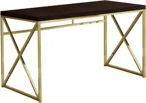 Monarch Specialties I 7201 Computer Desk, Home Office, Laptop, Work, Metal, Laminate, Brown, Gold, Contemporary, Modern