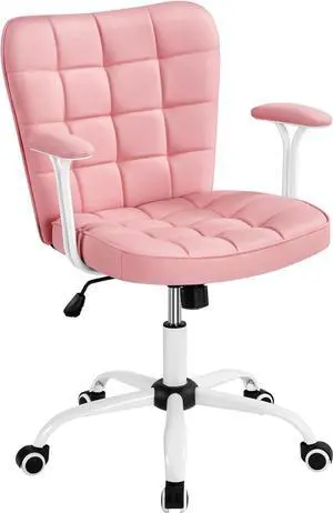 Yaheetech Mid Back Faux Leather Office Chair Modern Adjustable Tilting Vanity Chair with Detachable Padded Armrests for Home/Office,Pink