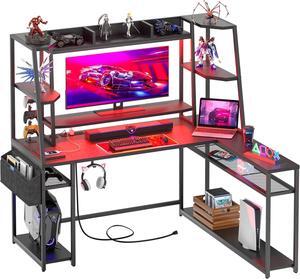 armocity L-Shaped Gaming Desk, 47'' Computer Desk with Hutch, LED Lights, Reversible Design, RGB Lighting, Storage Shelves, Monitor Stand, Headphone Hooks, Adjustable Shelf, Black