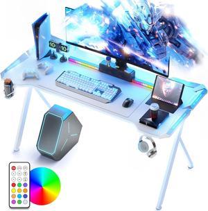 Dowinx Gaming Desk with LED Lights, RGB Gaming Computer Table with Carbon Fibre Surface, LED Home Office Desk with Remote Control, Pc Workstation with Cup Holder and Headphone Hook, 47 Inch, White