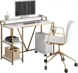 Techni Mobili Computer Desk - Industrial Writing Desk with Storage Shelves, Monitor Stand, & Accessory Holder - Home Office Laptop Computer Table with CPU Caddy & 2-Tier Small Bookshelf Space