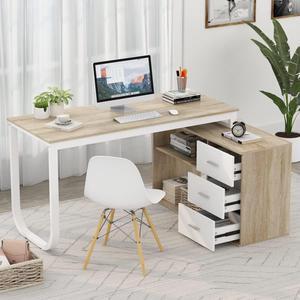 FUFU&GAGA 55.1" Large L-Shaped Office Desk with 41.3" File Cabinet, Corner Computer Desk with 3 Drawers & 2 Shelves, Workstation Executive Desk with Storage Shelf for Home Office - Beige