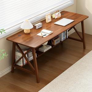 Extra Long Desk with Bookshelf - Solid Wood Home Office Work Study Table, 2-Person Writing Computer Workstation with Storage Shelf in Walnut, 63" Wx24 Dx30 H