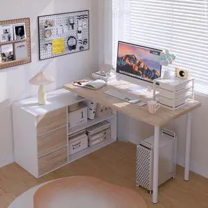Home Office Computer Desk Corner Desk with 3 Drawers and 2 Shelves, 55-inch L-Shaped Study Writing Desk, Small White + Walnut Desk with Storage
