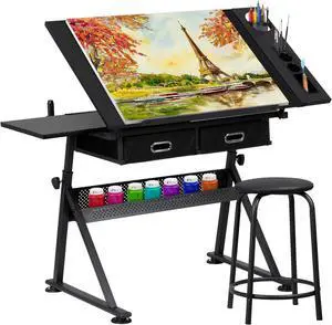 Nova Microdermabrasion Height Adjustable Drafting Table Art Desk Drawing Table Tabletop Adjustable Art/Craft Desk with Stool and 2 Slide Drawers for Reading, Writing, Crafting, Painting Art